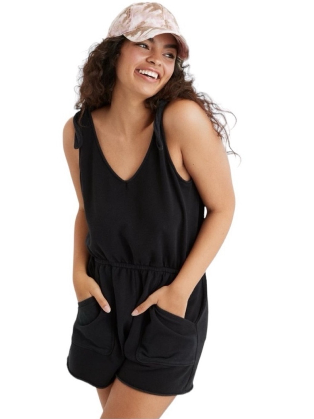 Aerie Black Knit Tie-Shoulder Romper